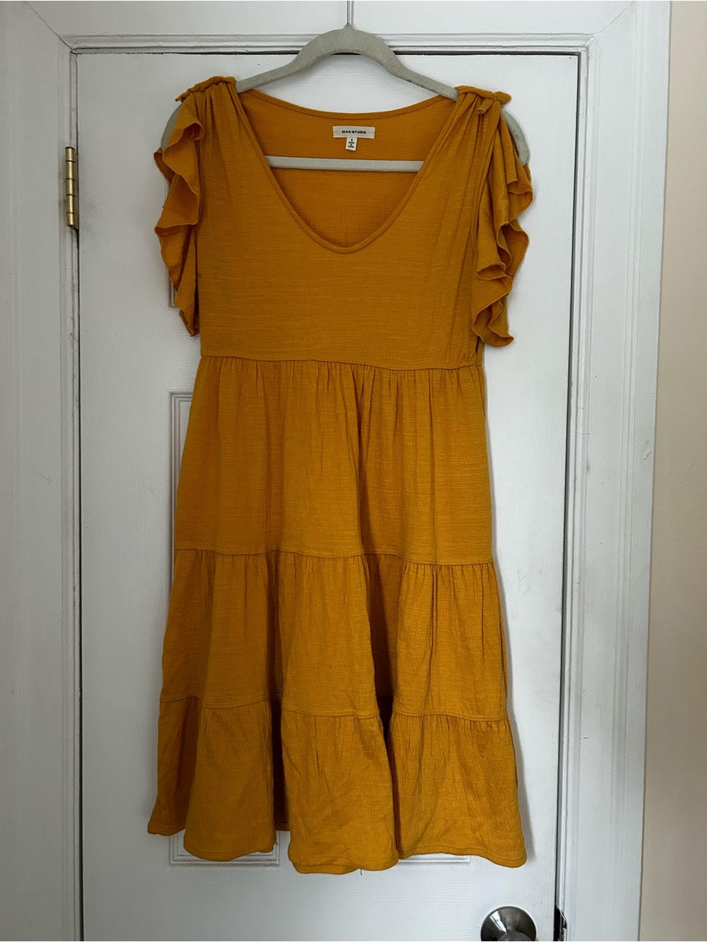 Max Studio Mustard Tiered Ruffle Sleeve Midi Dress